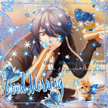a picture of a man holding a hot dog with the words good morning dear friend on it