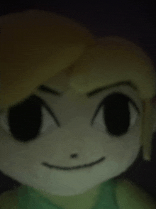 a close up of a cartoon character 's face with black eyes