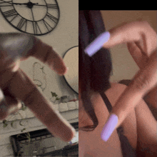 a woman with long purple nails makes a heart shape with her fingers
