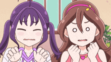 two anime girls with purple hair and brown hair