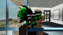 a man in a green and black plaid shirt is standing in a room next to a window .
