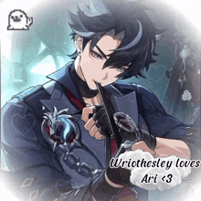 a picture of a man with the words " wriothesley loves ari < 3 " on the bottom