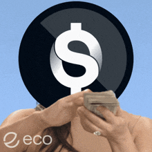 a woman is holding a stack of money with a dollar sign on her head