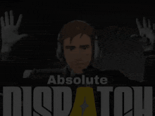 a man wearing headphones stands in front of a sign that says " absolute dispatch "
