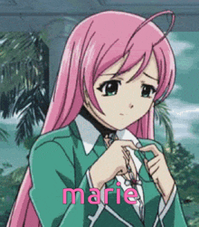 a pink haired anime girl with the name marie on the bottom right