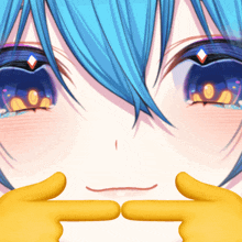 a close up of a blue haired anime girl 's face with yellow hands