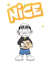 a cartoon character is eating a slice of pizza and the word nice is above him