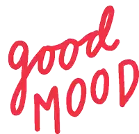 the word good mood is written in red letters on a white background