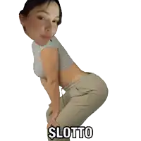 a woman in a crop top and khaki pants has the word lotto on her butt