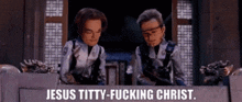 two cartoon characters are sitting next to each other and one of them says jesus titty fucking christ .