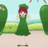 a girl in a green dress and hat is dancing