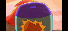 a cartoon drawing of a purple container with a wooden log on it