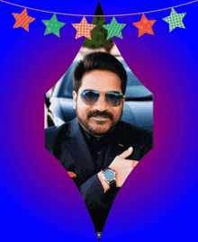 a man in a suit and tie is surrounded by colorful stars on a blue background