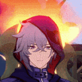 a close up of a cartoon character with a hood on