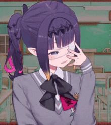 a girl with purple hair is wearing a sweater and tie with a crown on it