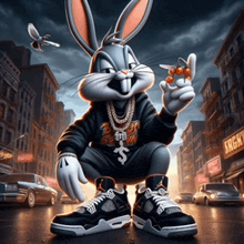 a cartoon bunny wearing a hoodie with a dollar sign on it
