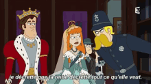 a cartoon of a king a queen and a police officer with a mustache