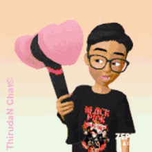 a boy wearing glasses and a black pink shirt is holding a pink heart shaped microphone