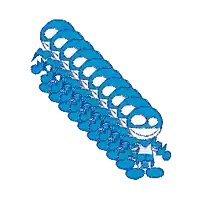 a row of blue cartoon characters are lined up in a row on a white background
