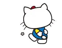 a cartoon drawing of hello kitty wearing a blue and yellow outfit