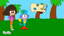 a cartoon of dora the explorer and a monkey with a map in the background .