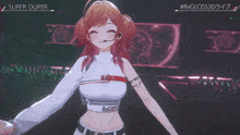 a girl with red hair and a white top that says regoss on it