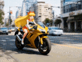 a picture of a girl riding a yellow motorcycle with pixverse.ai written on the bottom
