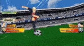 a man is kicking a soccer ball in a video game with a banner that says critical on it