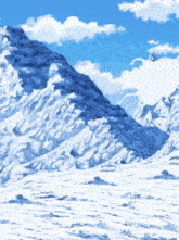 a painting of a snowy mountain range with a blue sky