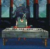 a cartoon character sits at a piano with a sad face on his face