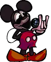 mickey mouse is holding a microphone in his hand and making a rock sign .
