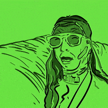 a green drawing of a person wearing sunglasses and a bandana