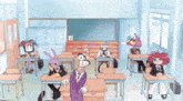a group of cartoon characters are sitting at desks in a classroom including a man in a suit