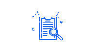 a blue icon of a clipboard with a magnifying glass over it