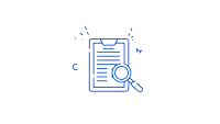 a blue icon of a clipboard with a magnifying glass over it