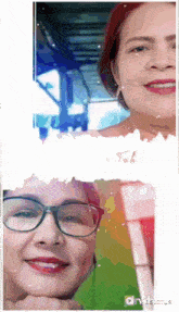 a woman wearing glasses is smiling in a collage of two pictures