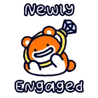 a cartoon bear is holding a diamond ring and the words newly engaged below it