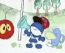 a cartoon character is holding a megaphone in front of a red object with the number 00 on it