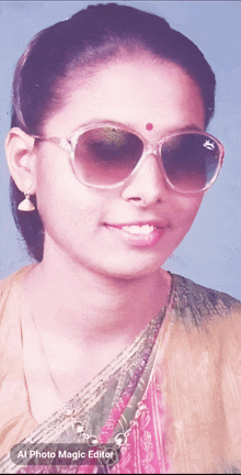 a woman wearing sunglasses has an al photo magic editor app installed on her phone