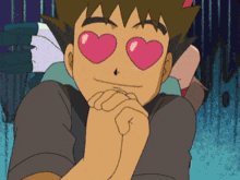 a cartoon character with a heart shaped eye covering his eyes