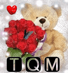 a teddy bear is holding a bouquet of red roses with a butterfly and a heart behind it