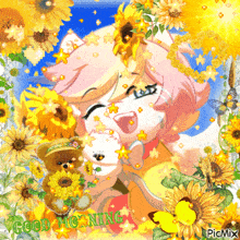 a picture of a girl surrounded by sunflowers and a teddy bear that says good morning