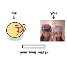 a cartoon of a chick with a heart and a picture of a woman with a headband on her head