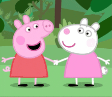 two peppa pigs standing next to each other on a grassy field