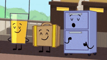 a cartoon of a suitcase a glass of orange juice and a filing cabinet with faces on them
