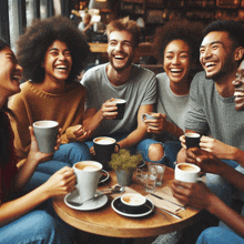a group of people are sitting around a table drinking coffee