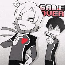 a drawing of a man holding a gun next to a girl with a heart and the words game over behind them