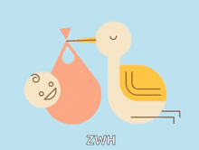 a cartoon of a stork carrying a baby with the word zwh written below it