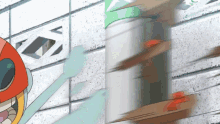 a cartoon character is standing in front of a wall with a sign that says ' a ' on it