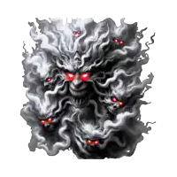 a painting of a demon with red eyes and smoke coming out of it